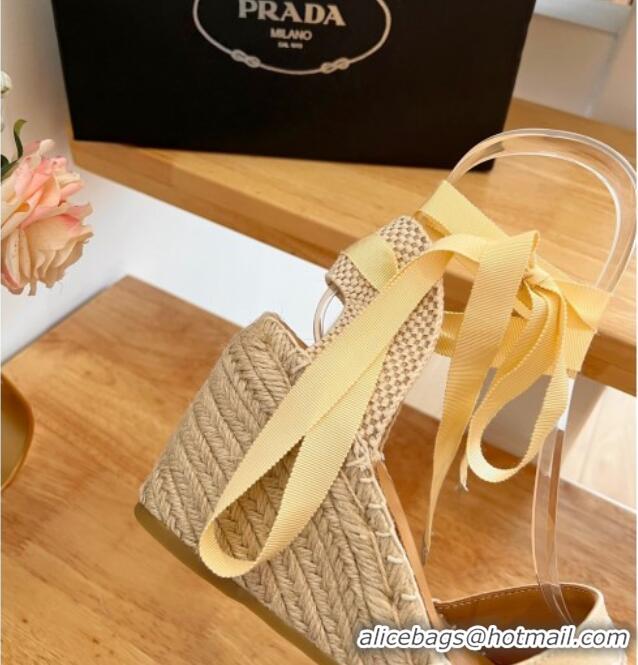 Popular Style Prada Canvas Wedge Espadrilles with Laces Beige 122406