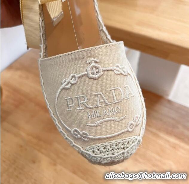 Popular Style Prada Canvas Wedge Espadrilles with Laces Beige 122406