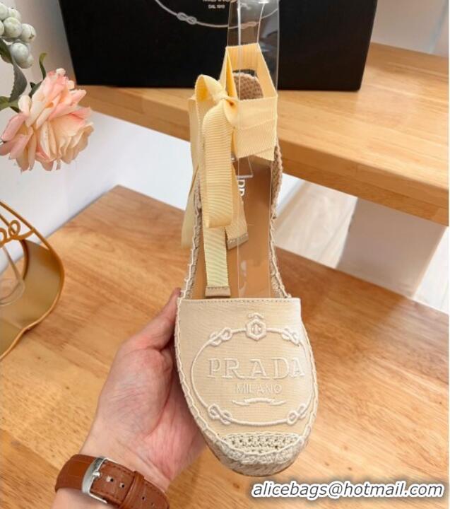 Popular Style Prada Canvas Wedge Espadrilles with Laces Beige 122406