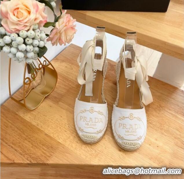 Unique Style Prada Canvas Wedge Espadrilles with Laces White 122407