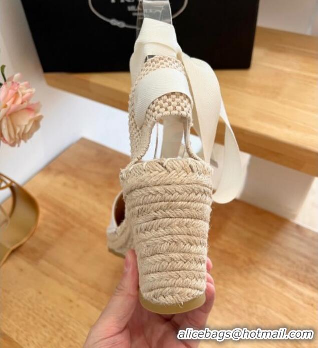 Unique Style Prada Canvas Wedge Espadrilles with Laces White 122407