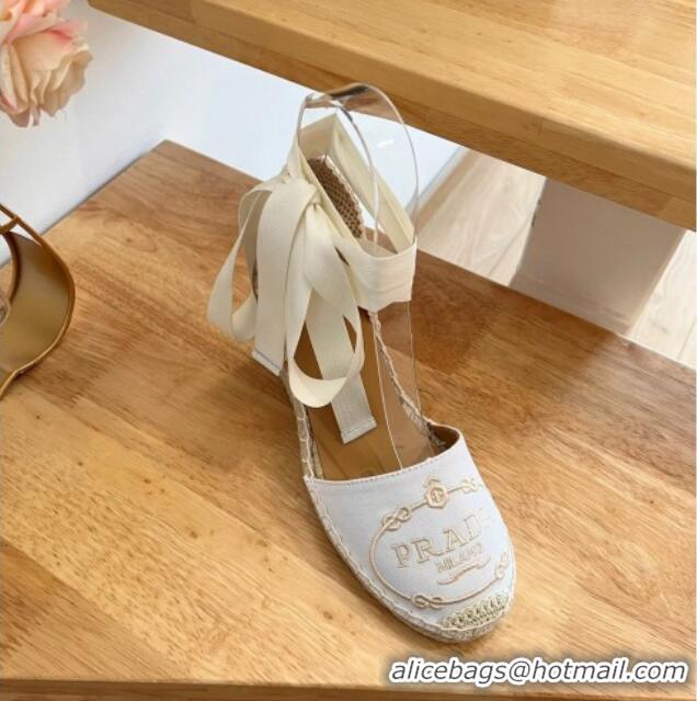 Unique Style Prada Canvas Wedge Espadrilles with Laces White 122407