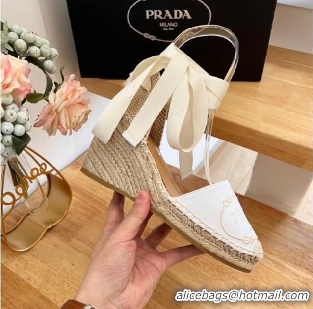 Unique Style Prada Canvas Wedge Espadrilles with Laces White 122407