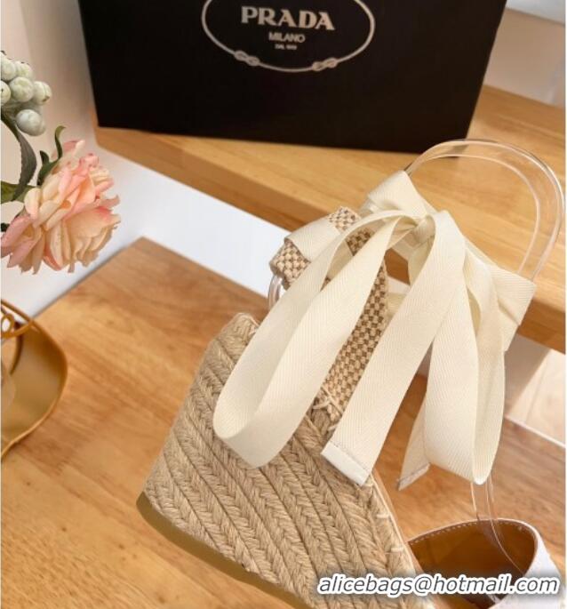 Unique Style Prada Canvas Wedge Espadrilles with Laces White 122407