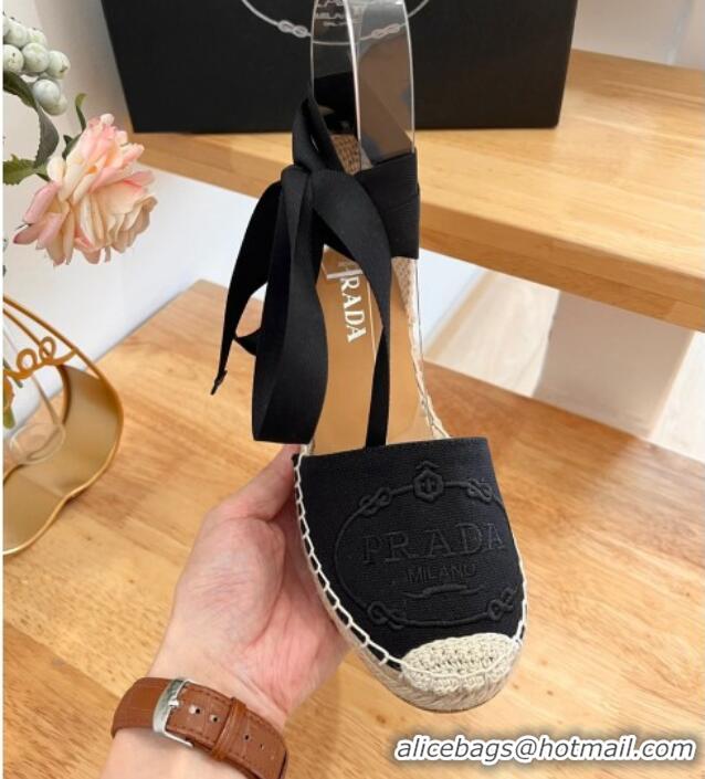 Low Price Prada Canvas Wedge Espadrilles with Laces Black 122408