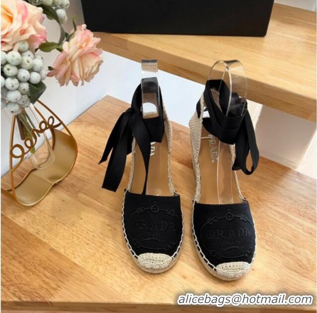 Low Price Prada Canvas Wedge Espadrilles with Laces Black 122408