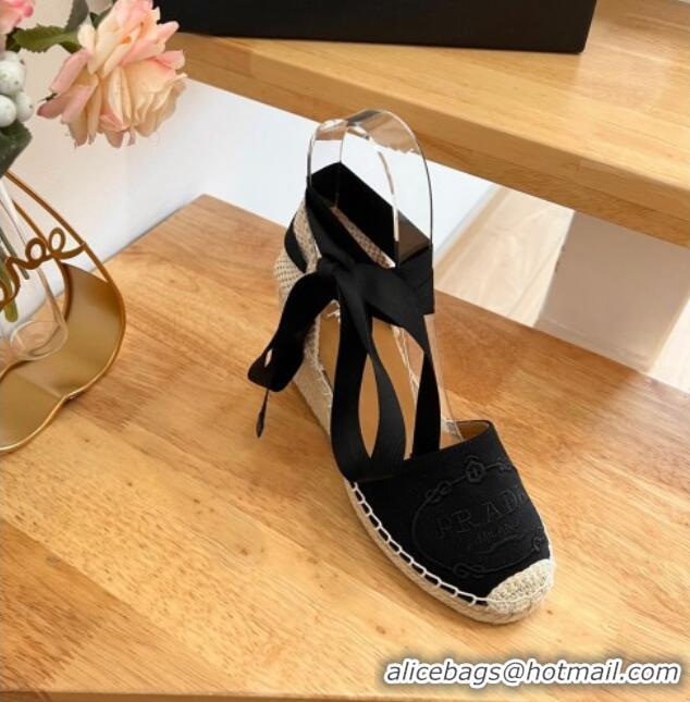 Low Price Prada Canvas Wedge Espadrilles with Laces Black 122408