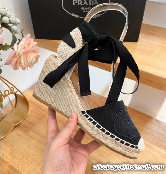 Low Price Prada Canvas Wedge Espadrilles with Laces Black 122408