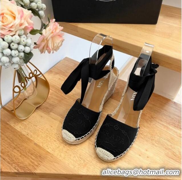 Low Price Prada Canvas Wedge Espadrilles with Laces Black 122408