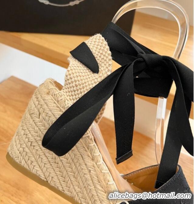 Low Price Prada Canvas Wedge Espadrilles with Laces Black 122408