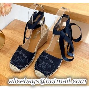 Purchase Prada Canvas Wedge Espadrilles with Laces Blue 122409