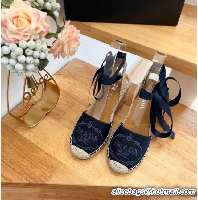 Purchase Prada Canvas Wedge Espadrilles with Laces Blue 122409