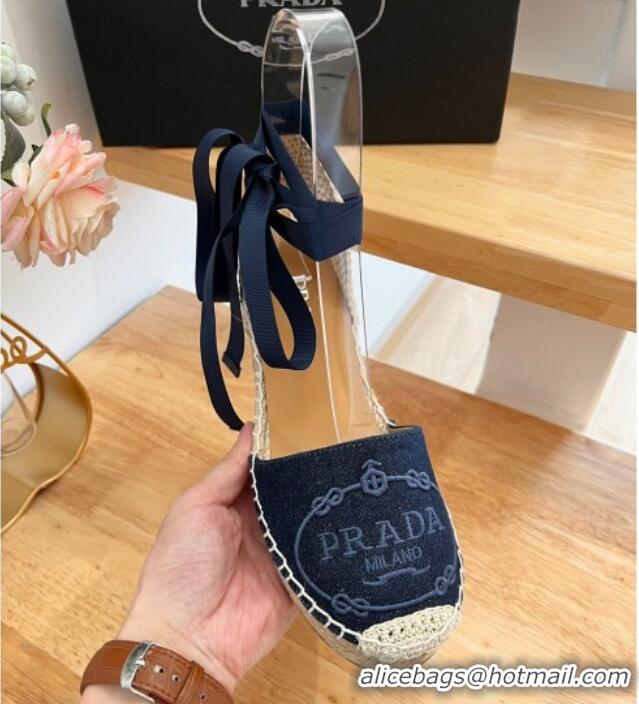 Purchase Prada Canvas Wedge Espadrilles with Laces Blue 122409