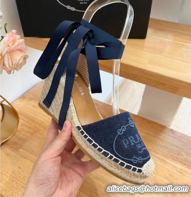 Purchase Prada Canvas Wedge Espadrilles with Laces Blue 122409