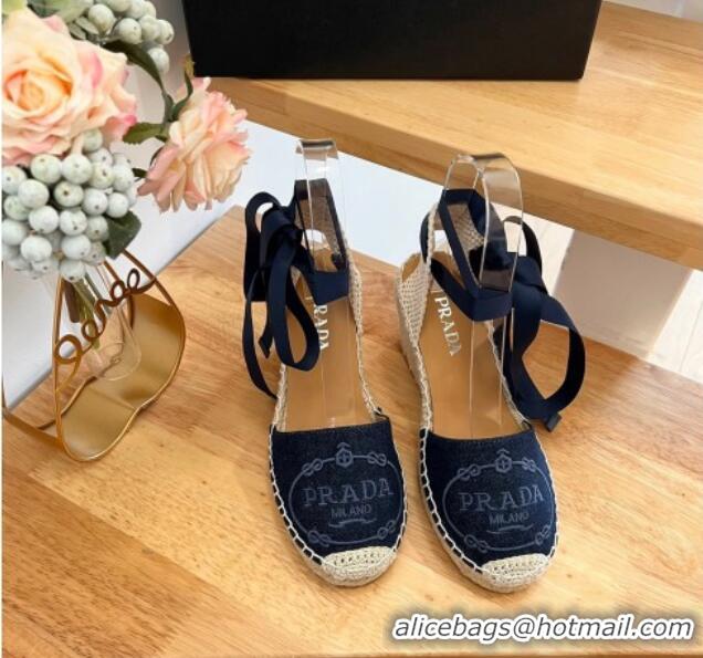 Purchase Prada Canvas Wedge Espadrilles with Laces Blue 122409