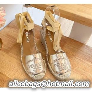 Generous Prada Leather Wedge Espadrilles with Laces Gold 122410