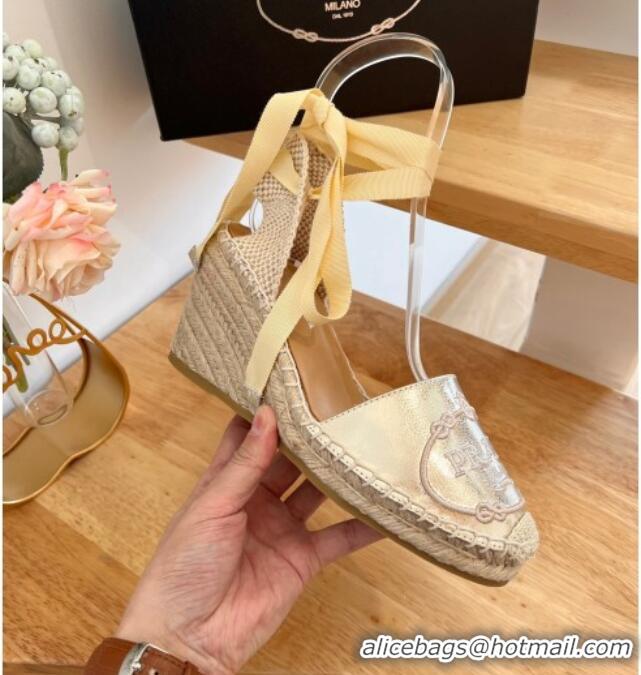 Generous Prada Leather Wedge Espadrilles with Laces Gold 122410