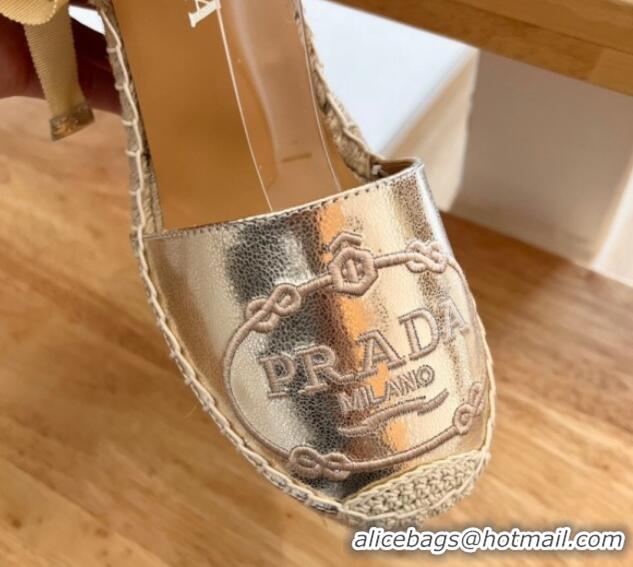 Generous Prada Leather Wedge Espadrilles with Laces Gold 122410