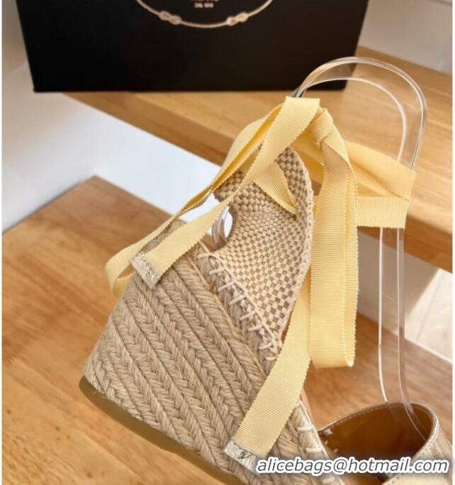 Generous Prada Leather Wedge Espadrilles with Laces Gold 122410