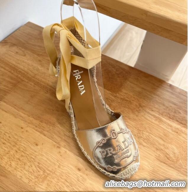 Generous Prada Leather Wedge Espadrilles with Laces Gold 122410