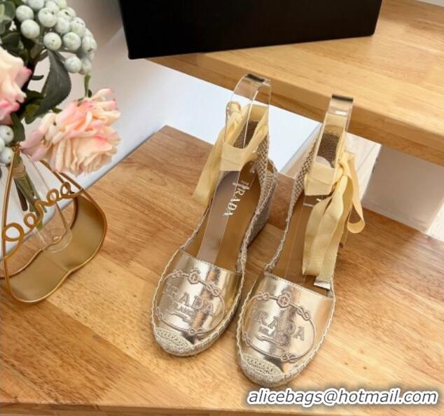 Generous Prada Leather Wedge Espadrilles with Laces Gold 122410