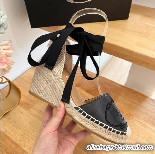 Top Grade Prada Leather Wedge Espadrilles with Laces Black 122411