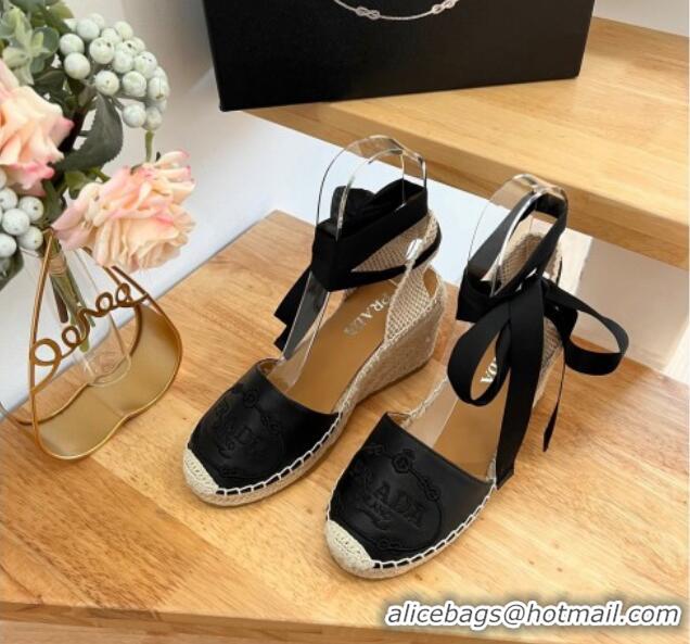 Top Grade Prada Leather Wedge Espadrilles with Laces Black 122411