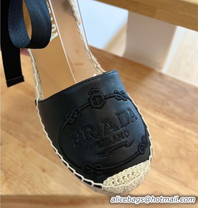 Top Grade Prada Leather Wedge Espadrilles with Laces Black 122411