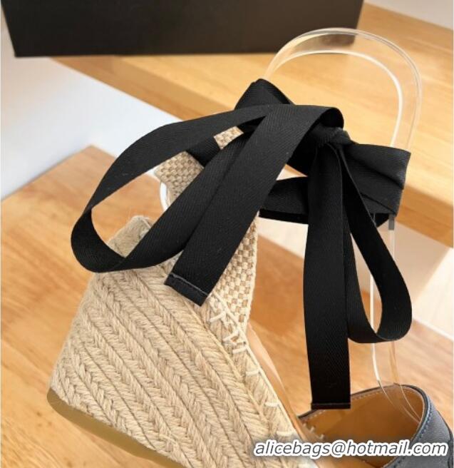 Top Grade Prada Leather Wedge Espadrilles with Laces Black 122411