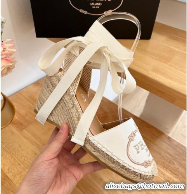 Good Looking Prada Leather Wedge Espadrilles with Laces White 122412