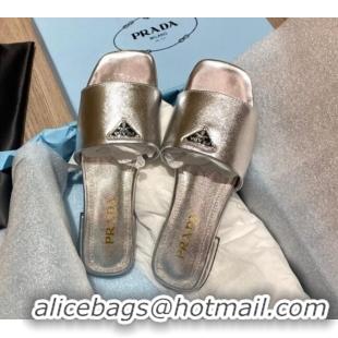 Luxury Prada Saffiano Leather Flat Slide Sandals Silver 122417