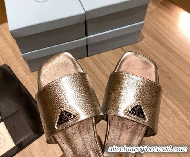 Luxury Prada Saffiano Leather Flat Slide Sandals Silver 122417