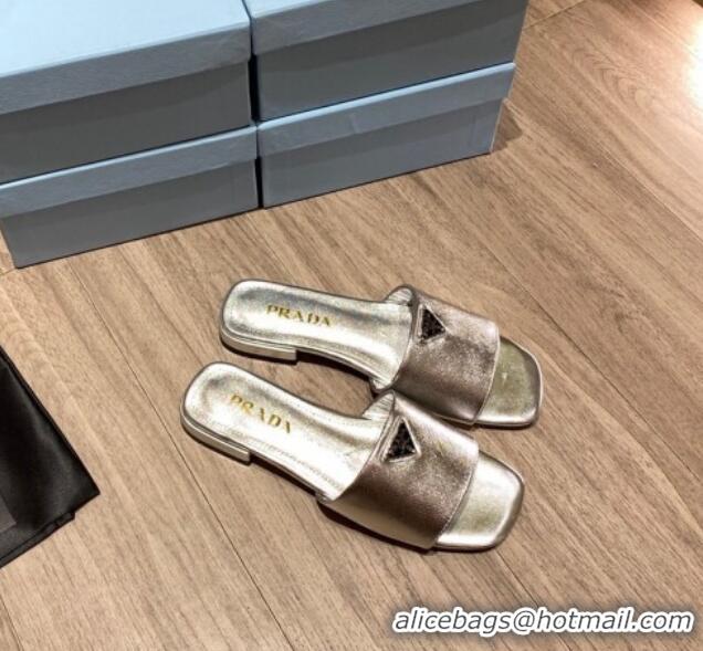 Luxury Prada Saffiano Leather Flat Slide Sandals Silver 122417