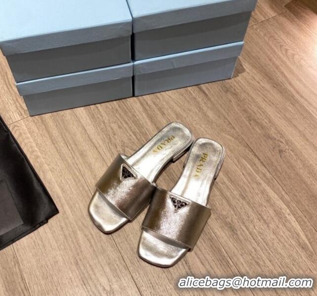 Luxury Prada Saffiano Leather Flat Slide Sandals Silver 122417