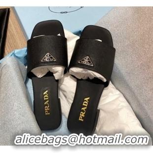 Good Quality Prada Saffiano Leather Flat Slide Sandals Black 122413