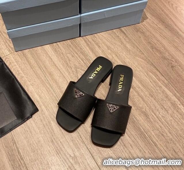 Good Quality Prada Saffiano Leather Flat Slide Sandals Black 122413