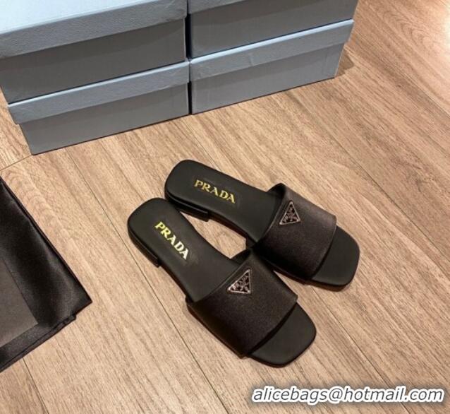 Good Quality Prada Saffiano Leather Flat Slide Sandals Black 122413