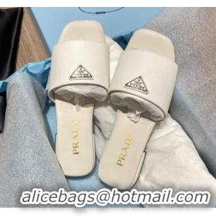 Best Product Prada Saffiano Leather Flat Slide Sandals White 122414