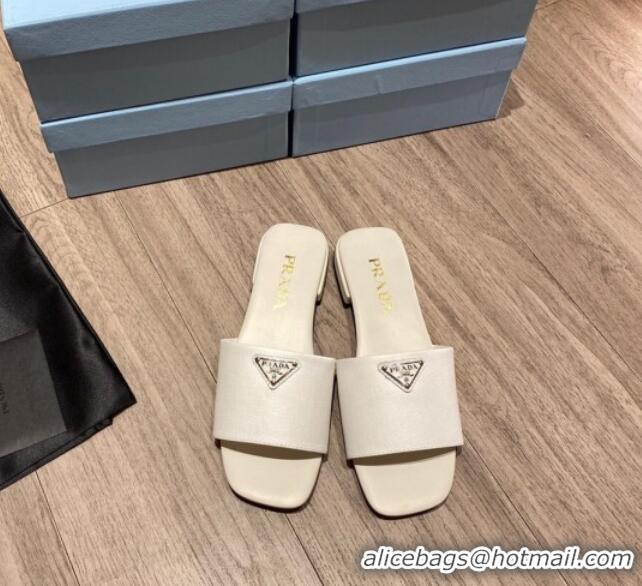 Best Product Prada Saffiano Leather Flat Slide Sandals White 122414