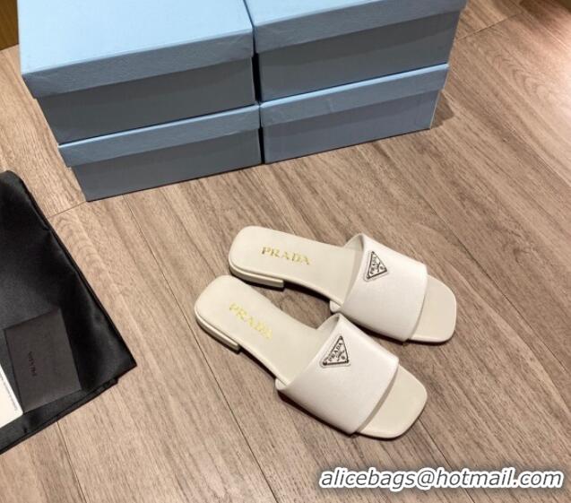 Best Product Prada Saffiano Leather Flat Slide Sandals White 122414