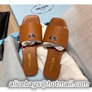 Luxury Prada Saffiano Leather Flat Slide Sandals Brown 122415