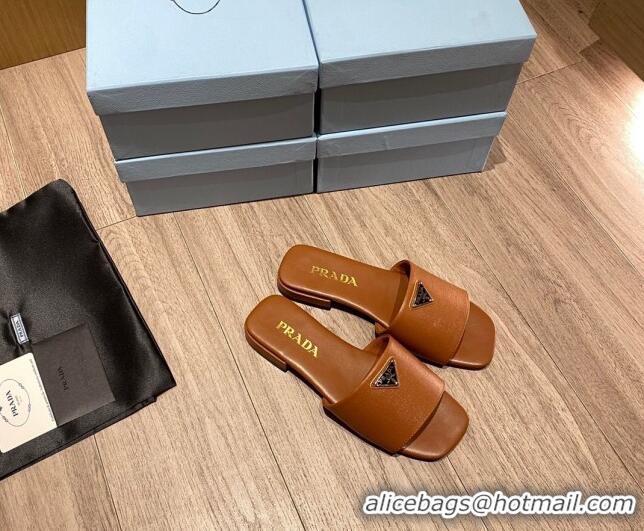 Luxury Prada Saffiano Leather Flat Slide Sandals Brown 122415