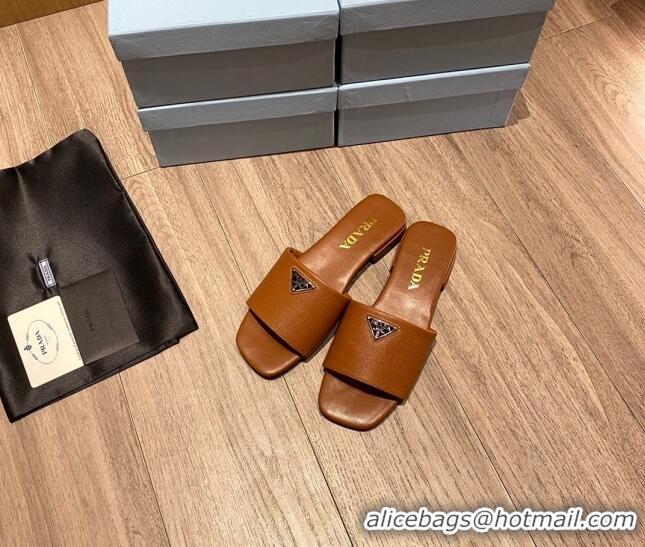 Luxury Prada Saffiano Leather Flat Slide Sandals Brown 122415