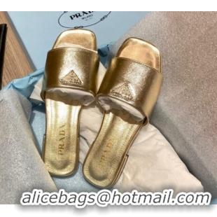 Fashion Prada Saffiano Leather Flat Slide Sandals Gold 122418