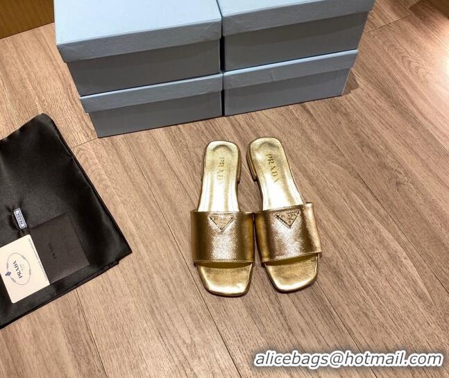 Fashion Prada Saffiano Leather Flat Slide Sandals Gold 122418