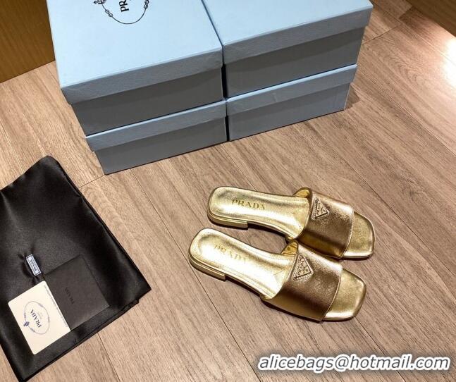 Fashion Prada Saffiano Leather Flat Slide Sandals Gold 122418