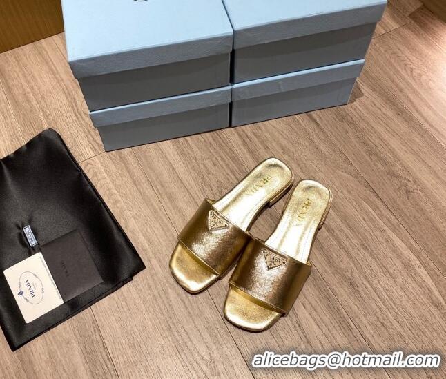 Fashion Prada Saffiano Leather Flat Slide Sandals Gold 122418