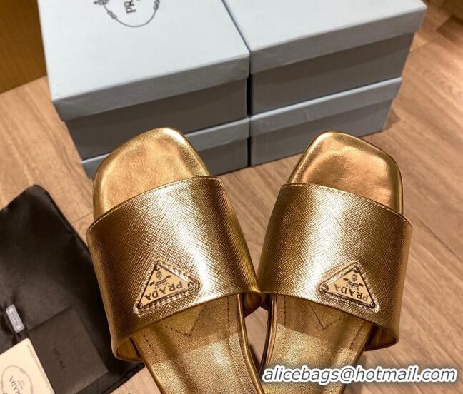 Fashion Prada Saffiano Leather Flat Slide Sandals Gold 122418