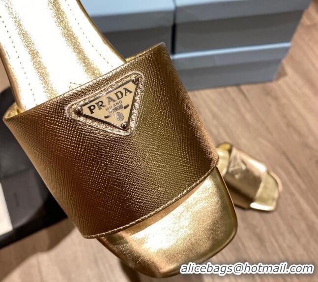 Fashion Prada Saffiano Leather Flat Slide Sandals Gold 122418