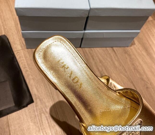 Fashion Prada Saffiano Leather Flat Slide Sandals Gold 122418